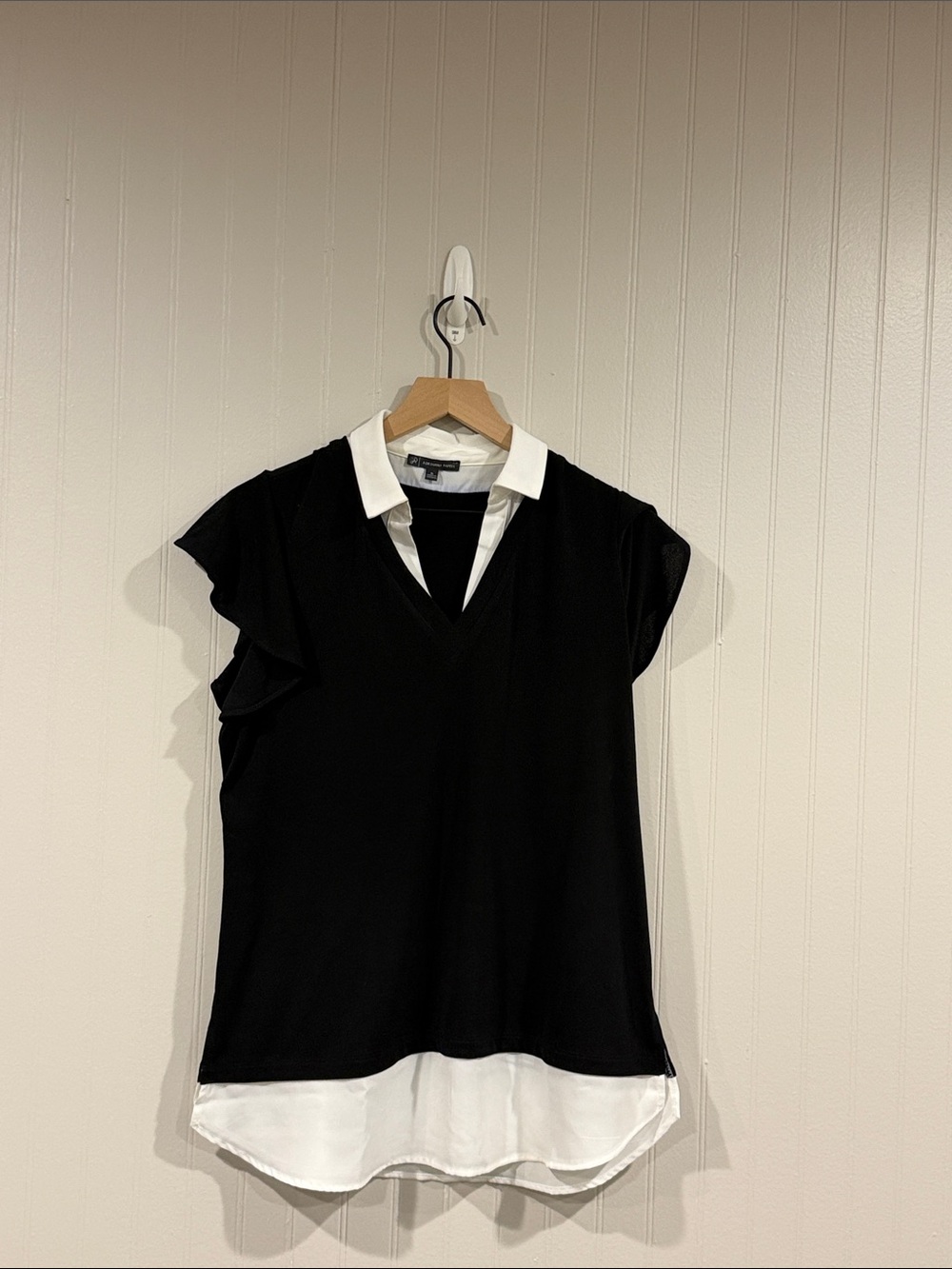 Adrianna Papell Black V-Neck Layered Blouse with White Collar